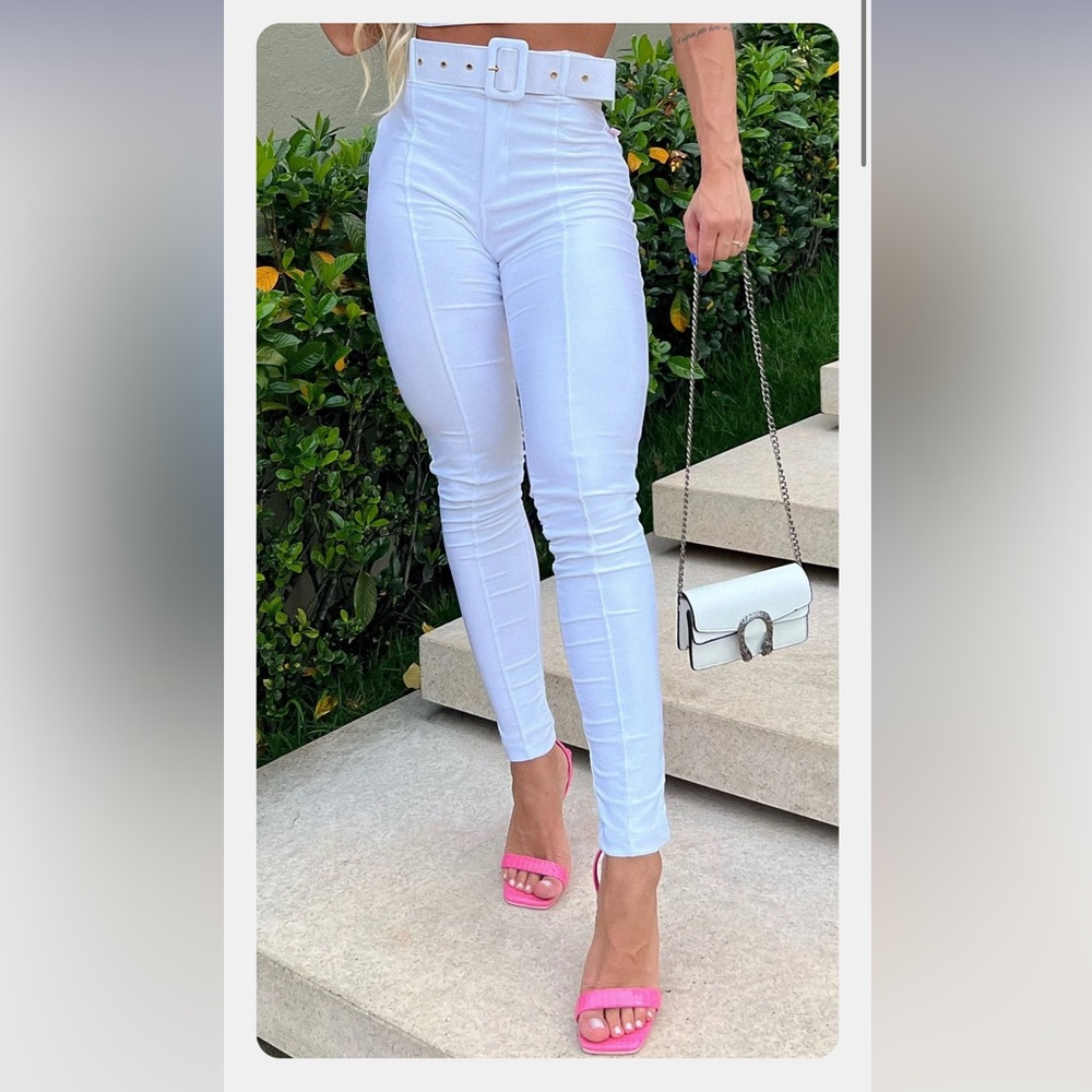 S-M-L White High Waist Pants w/Belt Tummy Control Linen Elegant Slim Fit #129-1